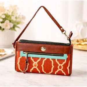 Spartina 449 Daufuskie Island Wristlet Wallet Orange Linen Leather Trim